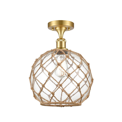 Innovations Farmhouse Rope 10in 1-Light Semi-Flush | Industrial Satin Gold Steel and Clear Glass with Brown Rope Shade | Model 616-1F-SG-G122-10RB