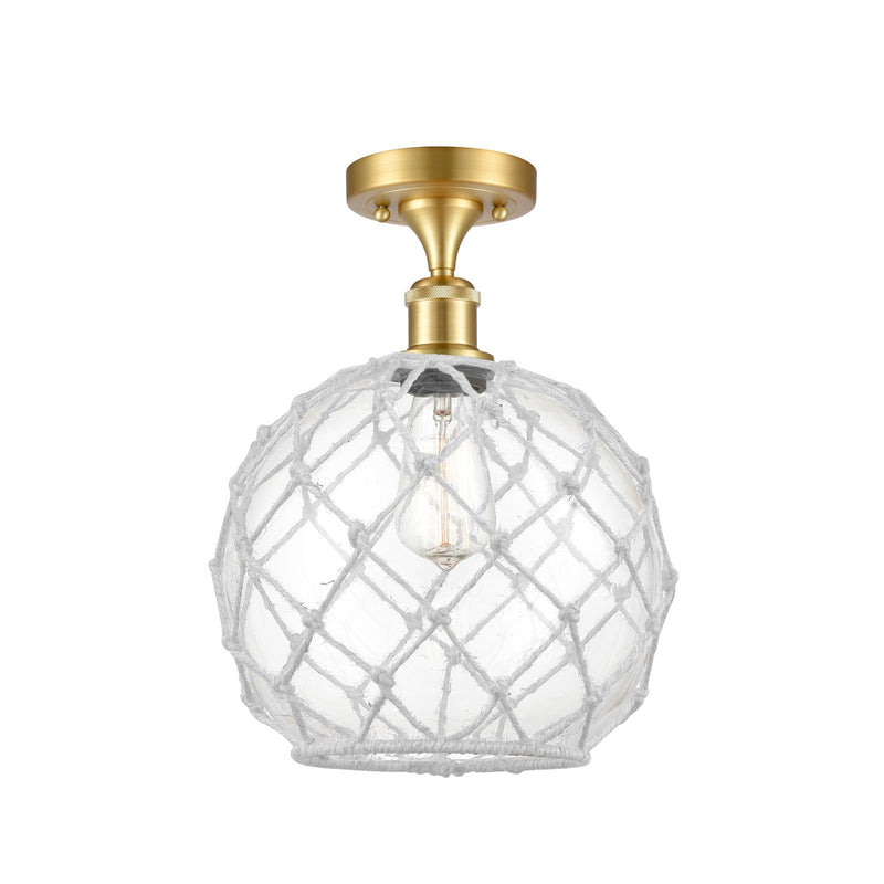 Innovations Farmhouse Rope 10in 1-Light Semi-Flush | Industrial Satin Gold Steel and Clear Glass with White Rope | Kitchen & | Model 616-1F-SG-G122-10RW