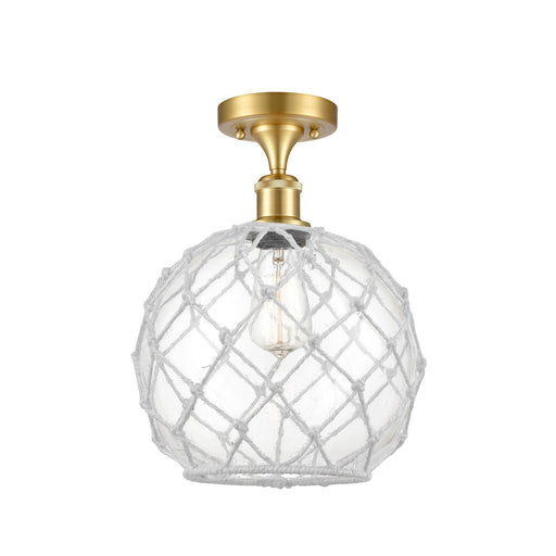 Innovations Farmhouse Rope 10in 1-Light Semi-Flush | Industrial Satin Gold Steel and Clear Glass with White Rope | Kitchen & | Model 616-1F-SG-G122-10RW