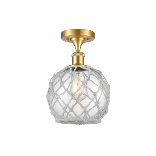 Innovations Farmhouse Rope 8in 1-Light Semi-Flush | Industrial Farmhouse Satin Gold Steel and Clear Glass with White Rope Shade | Model 616-1F-SG-G122-8RW