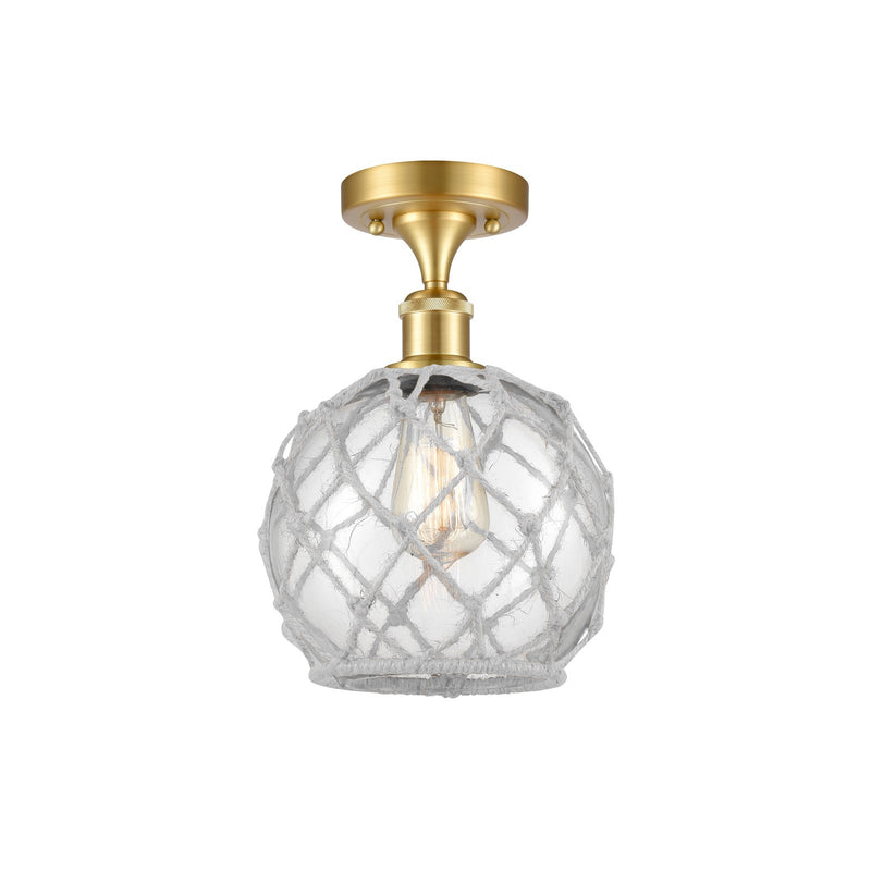 Innovations Farmhouse Rope 8in 1-Light Semi-Flush | Industrial Farmhouse Satin Gold Steel and Clear Glass with White Rope Shade | Model 616-1F-SG-G122-8RW