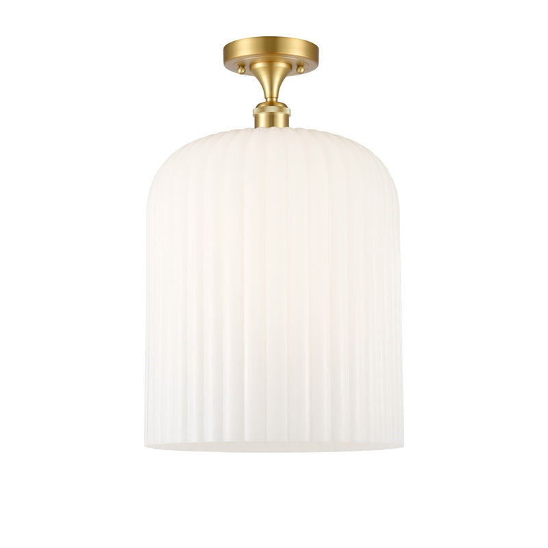 Innovations Bridal Veil 5in 1-Light Semi-Flush Mount | Art Nouveau Satin Gold Steel and Gloss White Ribbed Glass Bell Shade | Model 616-1F-SG-G559-12GWH