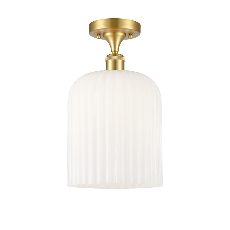Innovations Bridal Veil 5in 1-Light Semi-Flush Mount | Art Nouveau Satin Gold Steel and Cast Brass with Gloss White Ribbed | Model 616-1F-SG-G559-8GWH