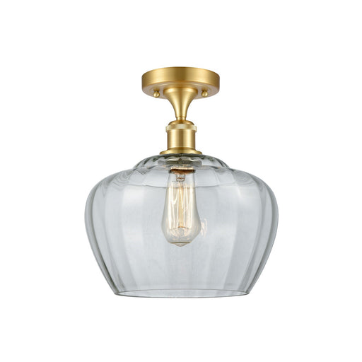 Innovations Fenton 11in 1-Light Semi-Flush Mount | Industrial Satin Gold Steel and Clear Ribbed Glass | Entryway & Hallway | 11 x | Model 616-1F-SG-G92-L