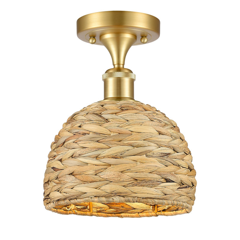 Innovations Woven Rattan 8in 1-Light Semi-Flush Mount | Rustic Farmhouse Satin Gold Steel and Natural Woven Rattan | Entryway | Model 616-1F-SG-RBD-8-NAT