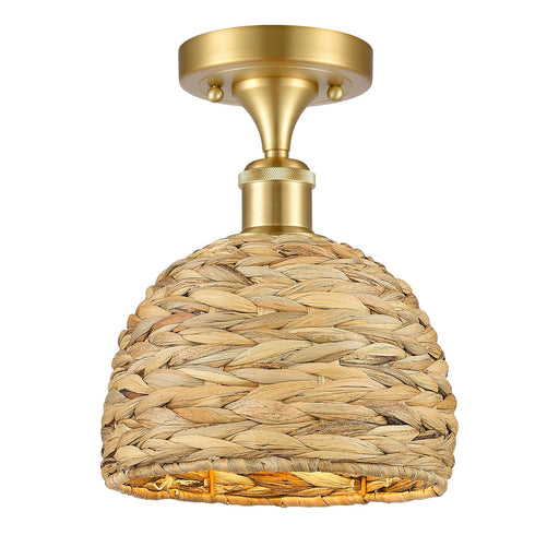Innovations Woven Rattan 8in 1-Light Semi-Flush Mount | Rustic Farmhouse Satin Gold Steel and Natural Woven Rattan | Entryway | Model 616-1F-SG-RBD-8-NAT