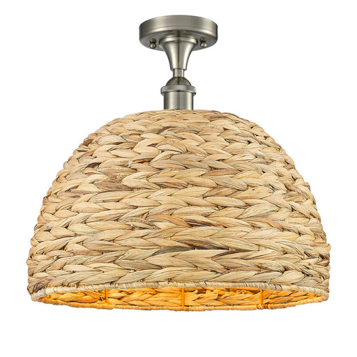 Innovations Woven Rattan 16in 1-Light Semi-Flush Mount | Industrial Brushed Satin Nickel and Natural Fiber Dome Shade | Model 616-1F-SN-RBD-16-NAT
