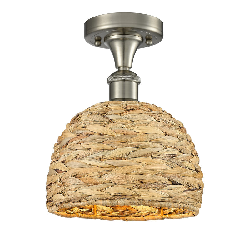 Innovations Woven Rattan 8in 1-Light Semi-Flush | Rustic Farmhouse Satin Nickel and Natural Woven Rattan Shade | Entryway & | Model 616-1F-SN-RBD-8-NAT