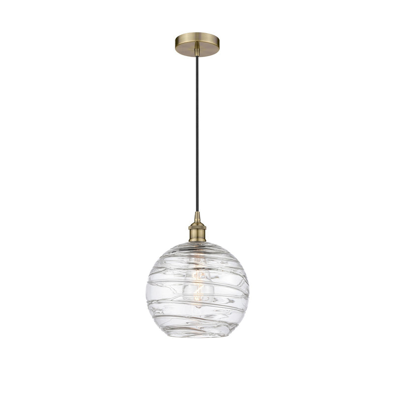 Innovations Athens Deco Swirl 10in 1-Light Mini Pendant | Industrial Antique Brass Steel and Clear Deco Swirl Glass | Kitchen | Model 616-1P-AB-G1213-10CL