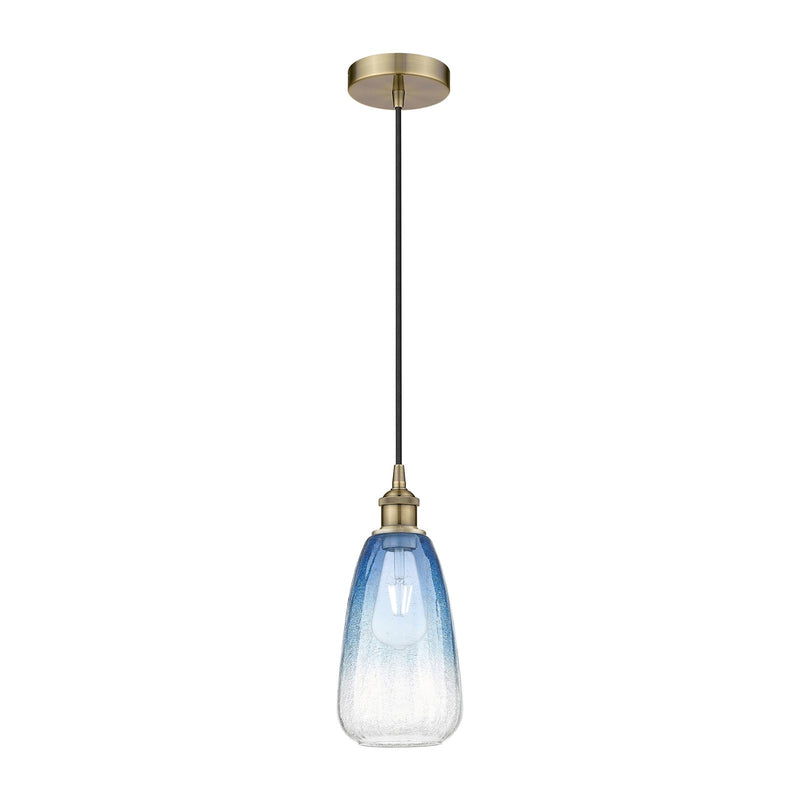 Innovations Brookhaven Almond 6in 1-Light Mini Pendant | Industrial Antique Brass Steel and Sapphire Blue Glass | Kitchen | Model 616-1P-AB-G480-6SB