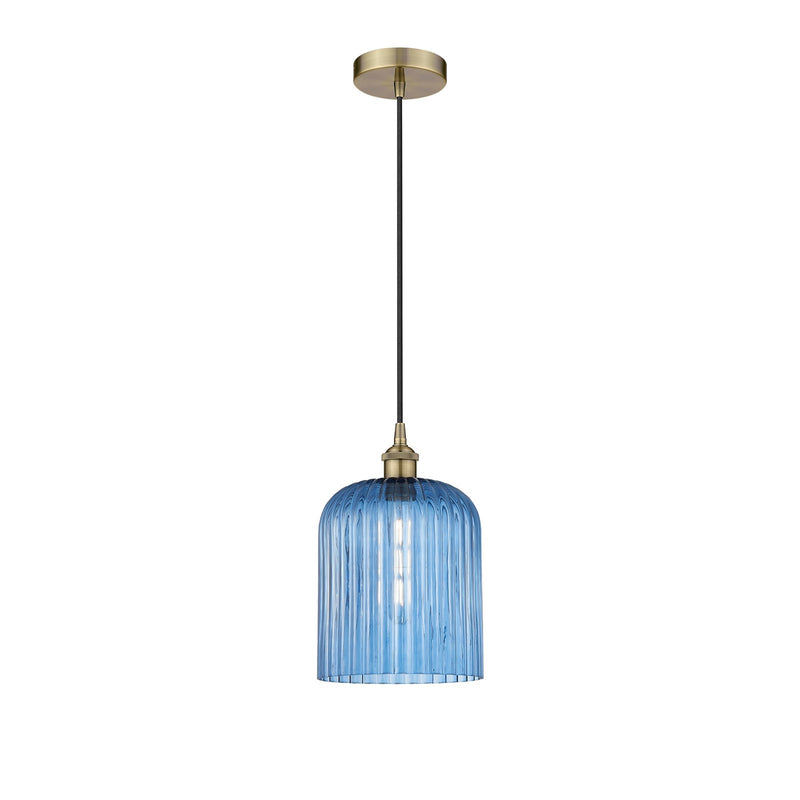 Innovations Bridal Veil 5in 1-Light Mini Pendant | Art Nouveau Antique Brass Steel and Princess Blue Ribbed Glass | Kitchen | Model 616-1P-AB-G559-8BL
