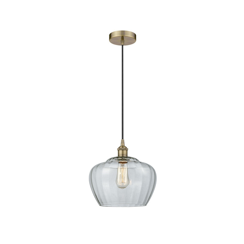 Innovations Fenton 11in 1-Light Mini Pendant | Industrial Antique Brass and Clear Ribbed Glass | Kitchen Island & Dining Room | Model 616-1P-AB-G92-L-LED