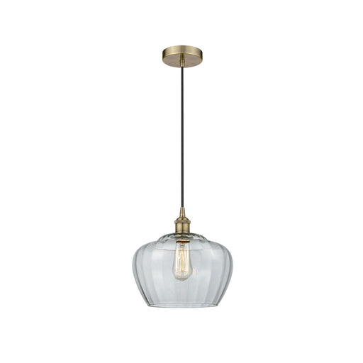 Innovations Fenton 11in 1-Light Mini Pendant | Industrial Antique Brass and Clear Ribbed Glass | Kitchen Island & Dining Room | Model 616-1P-AB-G92-L-LED
