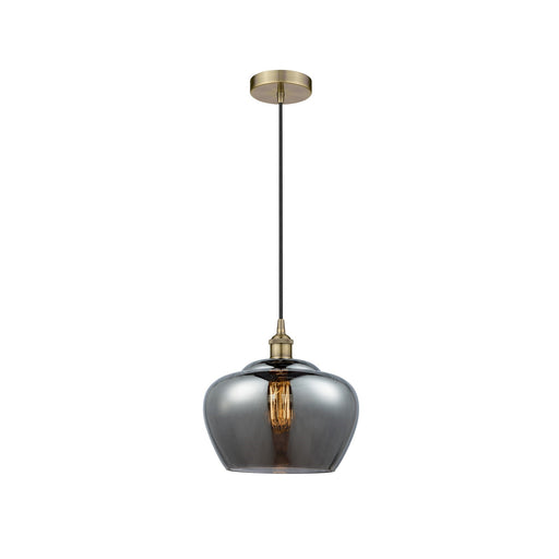 Innovations Fenton 11in 1-Light Mini Pendant | Industrial Antique Brass Steel and Light Smoke Ribbed Glass | Kitchen Island & | Model 616-1P-AB-G93-L-LED