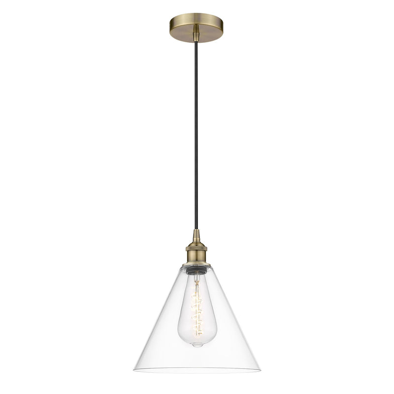 Innovations Berkshire Glass 12in 1-Light Mini Pendant | Industrial Antique Brass Steel and Clear Glass | Kitchen Island & | Model 616-1P-AB-GBC-122-LED