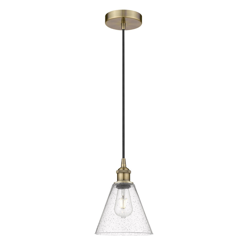 Innovations Berkshire Glass 8in 1-Light Mini Pendant | Industrial Antique Brass Steel and Seedy Glass | Kitchen Island & | Model 616-1P-AB-GBC-84-LED