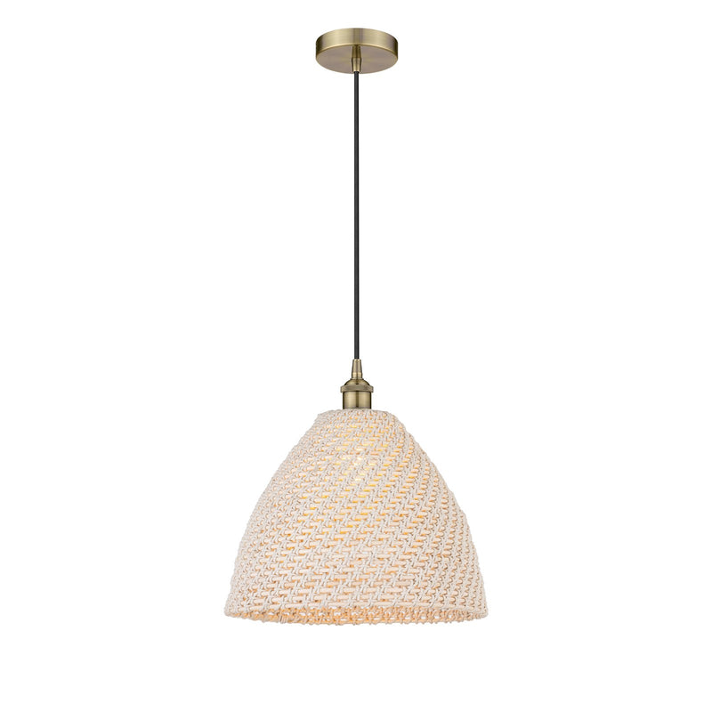 Innovations Bristol Natural 16in 1-Light Mini Pendant | Farmhouse Antique Brass Steel and Natural Fiber Dome Shade | Kitchen | Model 616-1P-AB-NBD-16-NAT