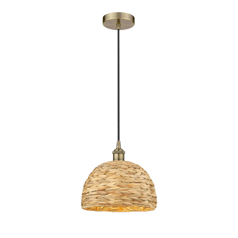 Innovations Woven Rattan 12in 1-Light Mini Pendant | Industrial Antique Brass and Natural Fiber Dome Shade | Kitchen Island & | Model 616-1P-AB-RBD-12-NAT