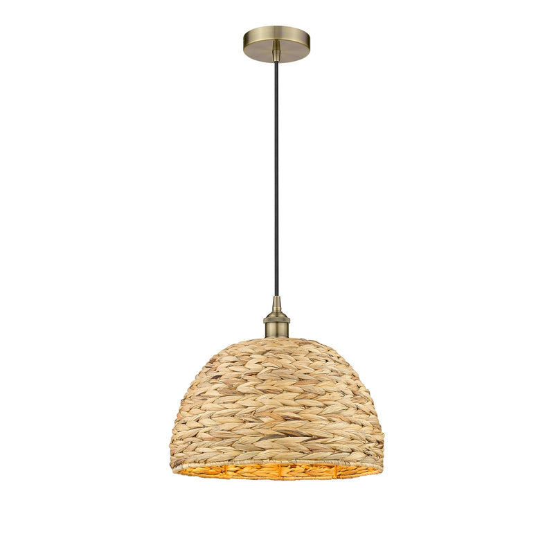 Innovations Woven Rattan 16in 1-Light Mini Pendant | Industrial Antique Brass and Natural Fiber Dome Shade | Kitchen Island & | Model 616-1P-AB-RBD-16-NAT