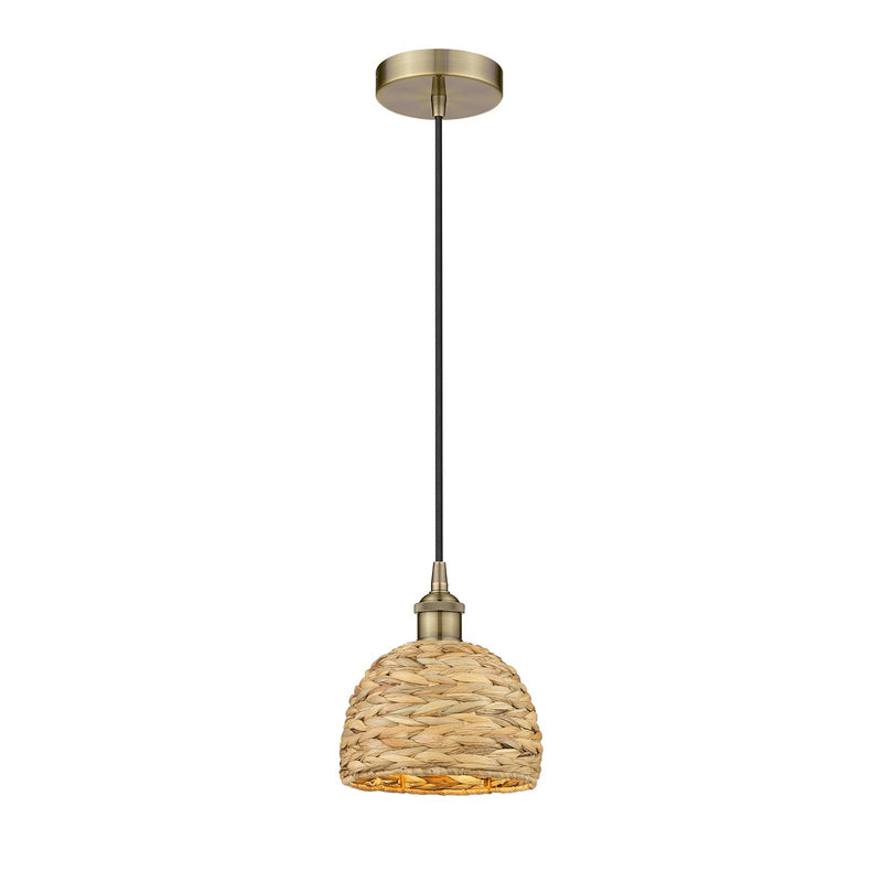 Innovations Woven Rattan 8in 1-Light Mini Pendant | Rustic Farmhouse Antique Brass Steel and Natural Woven Rattan Shade | Model 616-1P-AB-RBD-8-NAT