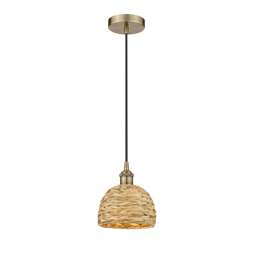 Innovations Woven Rattan 8in 1-Light Mini Pendant | Rustic Farmhouse Antique Brass Steel and Natural Woven Rattan Shade | Model 616-1P-AB-RBD-8-NAT