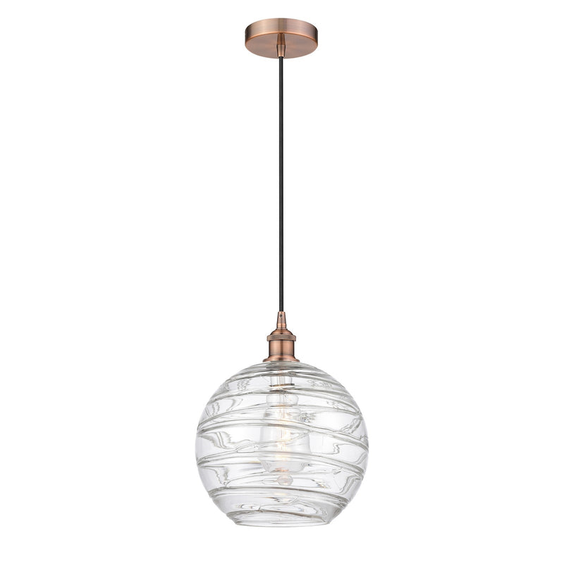 Innovations Athens Deco Swirl 12in 1-Light Mini Pendant | Industrial Antique Copper and Clear Deco Swirl Glass | Kitchen | Model 616-1P-AC-G1213-12CL
