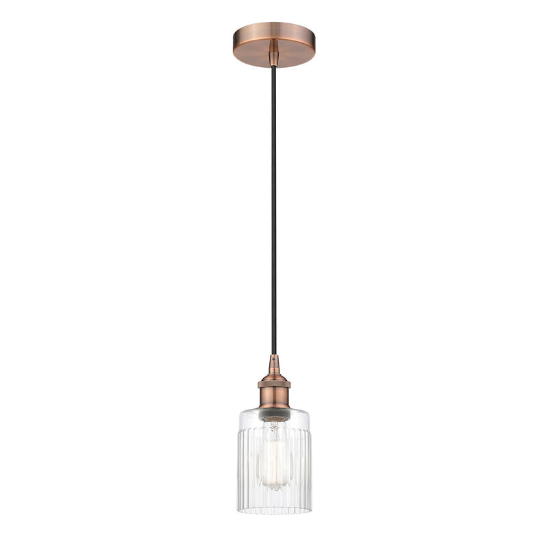 Innovations Hadley 4.5in 1-Light Mini Pendant | Art Nouveau Antique Copper Steel and Clear Ribbed Glass | Kitchen Island & | Model 616-1P-AC-G342-LED