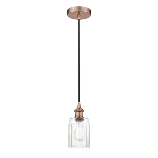 Innovations Hadley 4.5in 1-Light Mini Pendant | Art Nouveau Antique Copper Steel and Clear Ribbed Glass | Kitchen Island & | Model 616-1P-AC-G342-LED