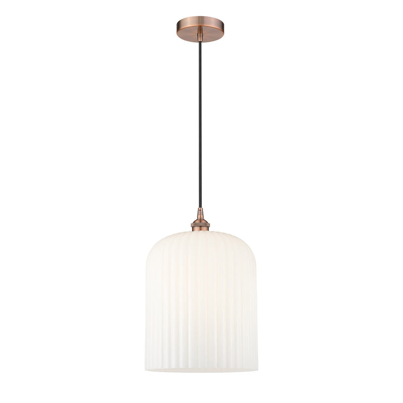 Innovations Bridal Veil 5in 1-Light Mini Pendant | Art Nouveau Antique Copper and Gloss White Ribbed Glass | Kitchen Island & | Model 616-1P-AC-G559-12GWH