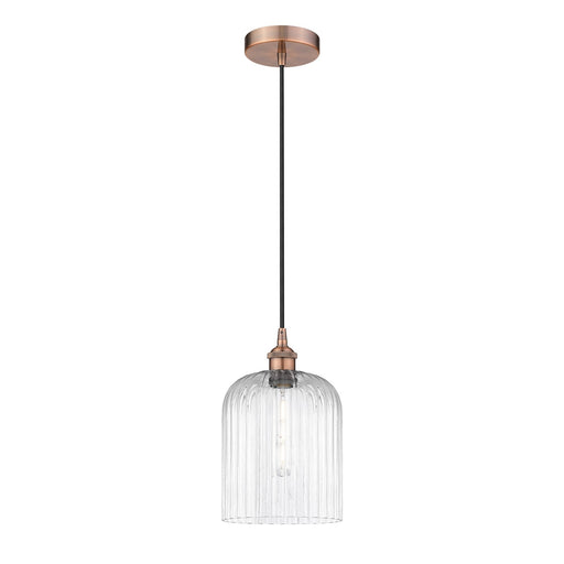 Innovations Bridal Veil 5in 1-Light Mini Pendant | Art Nouveau Antique Copper Steel and Clear Ribbed Glass | Kitchen Island & | Model 616-1P-AC-G559-8CL
