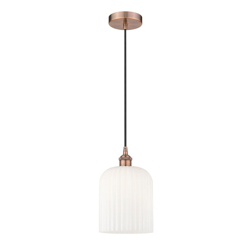 Innovations Bridal Veil 5in 1-Light Mini Pendant | Art Nouveau Antique Copper and Gloss White Ribbed Glass | Kitchen Island & | Model 616-1P-AC-G559-8GWH