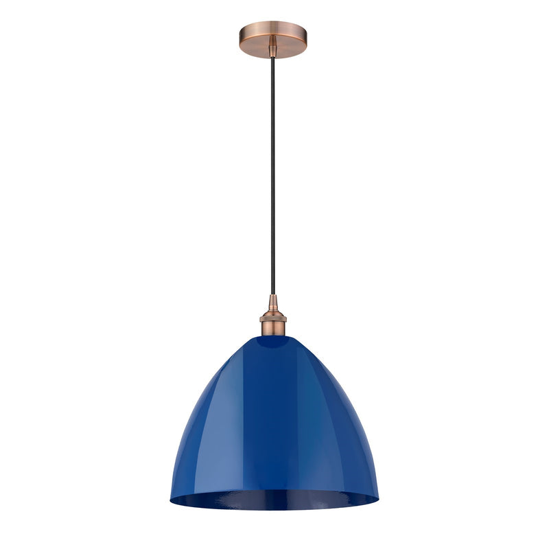 Innovations Plymouth 16in 1-Light Mini Pendant | Industrial Antique Copper and Matte Blue Metal | Kitchen Island & Dining | Model 616-1P-AC-MBD-16-BL-LED