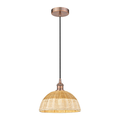 Innovations Natural Ballston Dome 12in 1-Light Mini Pendant | Farmhouse Antique Copper Steel and Natural Fiber Basketweave | Model 616-1P-AC-NBD2-12-NAT