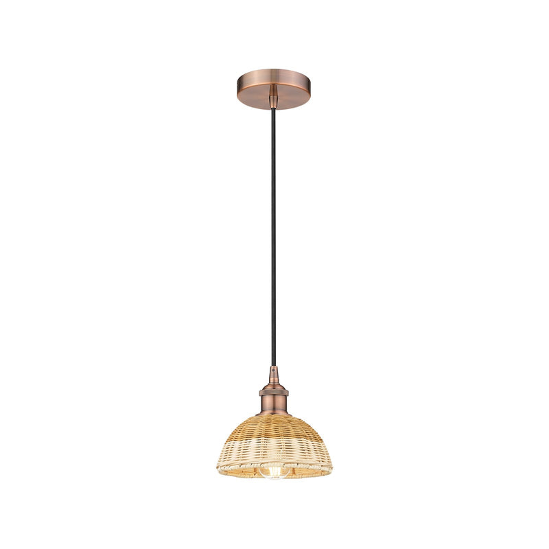 Innovations Natural Ballston Dome 7.5in 1-Light Mini Pendant | Farmhouse Antique Copper Steel and Natural Fiber Basketweave | Model 616-1P-AC-NBD2-75-NAT