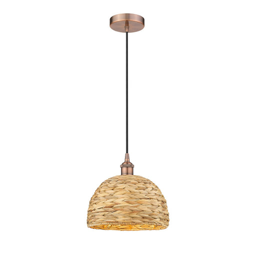 Innovations Woven Rattan 12in 1-Light Mini Pendant | Industrial Antique Copper Steel and Natural Fiber Dome Shade | Kitchen | Model 616-1P-AC-RBD-12-NAT