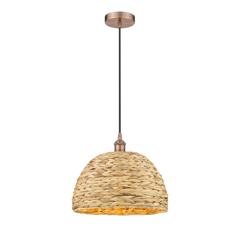 Innovations Woven Rattan 16in 1-Light Mini Pendant | Industrial Antique Copper Steel and Natural Fiber Shade | Kitchen Island | Model 616-1P-AC-RBD-16-NAT