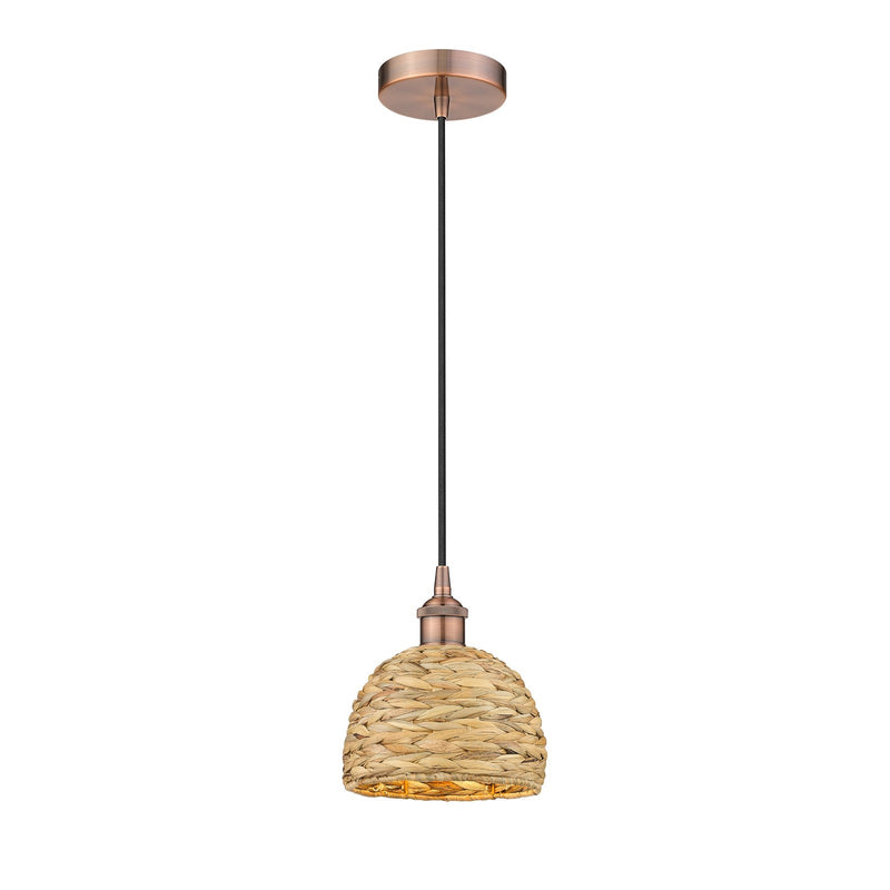 Innovations Woven Rattan 8in 1-Light Mini Pendant | Rustic Antique Copper Steel and Natural Woven Rattan Shade | Kitchen | Model 616-1P-AC-RBD-8-NAT