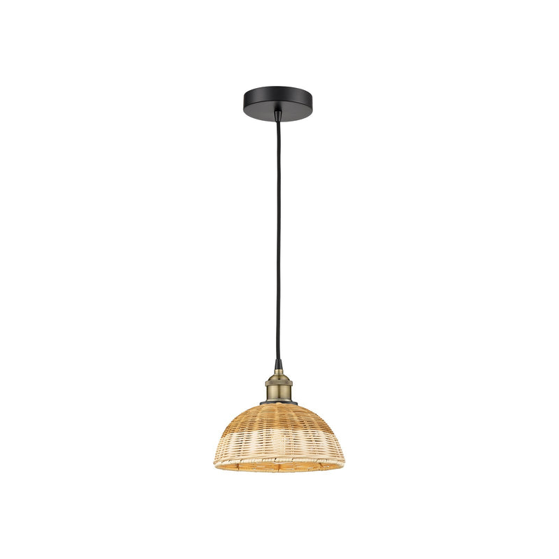 Innovations Natural Ballston Dome 9in 1-Light Mini Pendant | Farmhouse Black Antique Brass Steel and Natural Fiber Dome | Model 616-1P-BAB-NBD2-9-NAT
