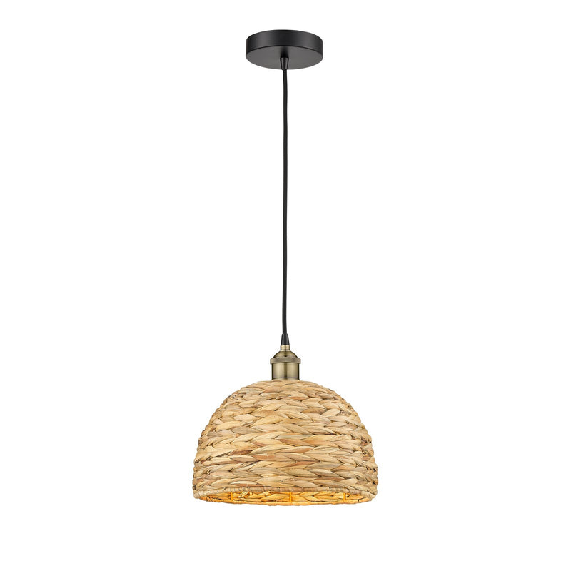 Innovations Woven Rattan 12in 1-Light Mini Pendant | Industrial Black Antique Brass and Natural Fiber Shade | Kitchen Island | Model 616-1P-BAB-RBD-12-NAT