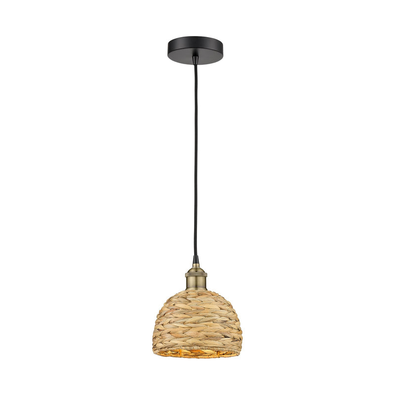 Innovations Woven Rattan 8in 1-Light Mini Pendant | Rustic Farmhouse Black Antique Brass and Natural Woven Rattan | Kitchen | Model 616-1P-BAB-RBD-8-NAT