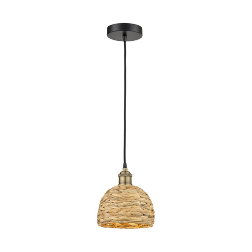 Innovations Woven Rattan 8in 1-Light Mini Pendant | Rustic Farmhouse Black Antique Brass and Natural Woven Rattan | Kitchen | Model 616-1P-BAB-RBD-8-NAT