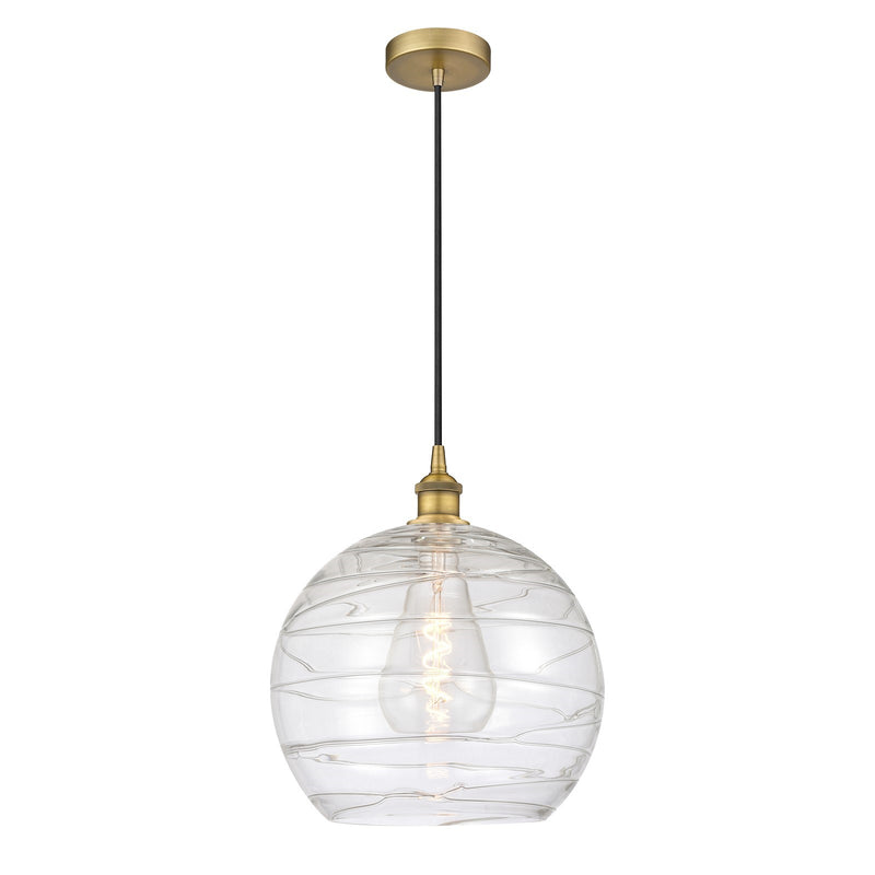 Innovations Athens Deco Swirl 14in 1-Light Mini Pendant | Industrial Brushed Brass and Clear Deco Swirl Glass | Kitchen | Model 616-1P-BB-G1213-14CL