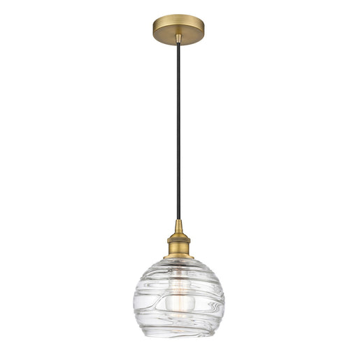 Innovations Athens Deco Swirl 8in 1-Light Mini Pendant | Industrial Brushed Brass and Clear Deco Swirl Glass | Kitchen Island | Model 616-1P-BB-G1213-8CL