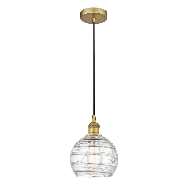 Innovations Athens Deco Swirl 8in 1-Light Mini Pendant | Industrial Brushed Brass and Clear Deco Swirl Glass | Kitchen Island | Model 616-1P-BB-G1213-8CL