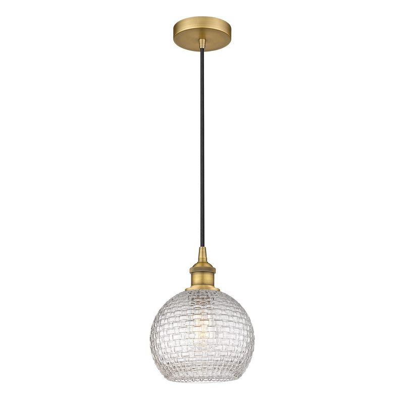 Innovations Athens 8in 1-Light Mini Pendant | Modern Farmhouse Brushed Brass and Clear Basket Weave Glass | Kitchen Island & | Model 616-1P-BB-G122C-8CL