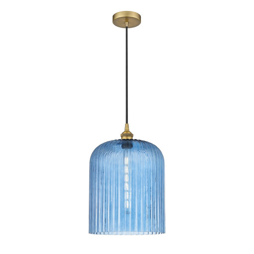 Innovations Bridal Veil 5in 1-Light Mini Pendant | Art Nouveau Brushed Brass and Princess Blue Ribbed Glass | Kitchen Island & | Model 616-1P-BB-G559-12BL