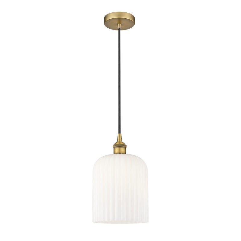 Innovations Bridal Veil 5in 1-Light Mini Pendant | Art Nouveau Brushed Brass and Gloss White Ribbed Glass | Kitchen Island & | Model 616-1P-BB-G559-8GWH