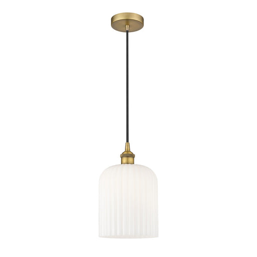 Innovations Bridal Veil 5in 1-Light Mini Pendant | Art Nouveau Brushed Brass and Gloss White Ribbed Glass | Kitchen Island & | Model 616-1P-BB-G559-8GWH