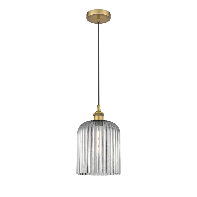 Innovations Bridal Veil 5in 1-Light Mini Pendant | Art Nouveau Brushed Brass and Light Smoke Ribbed Glass | Kitchen Island & | Model 616-1P-BB-G559-8SM