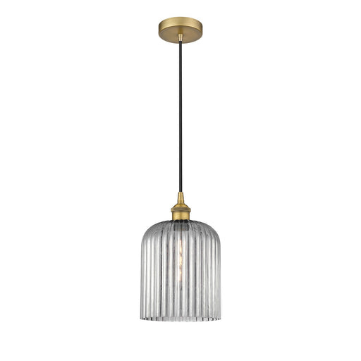 Innovations Bridal Veil 5in 1-Light Mini Pendant | Art Nouveau Brushed Brass and Light Smoke Ribbed Glass | Kitchen Island & | Model 616-1P-BB-G559-8SM